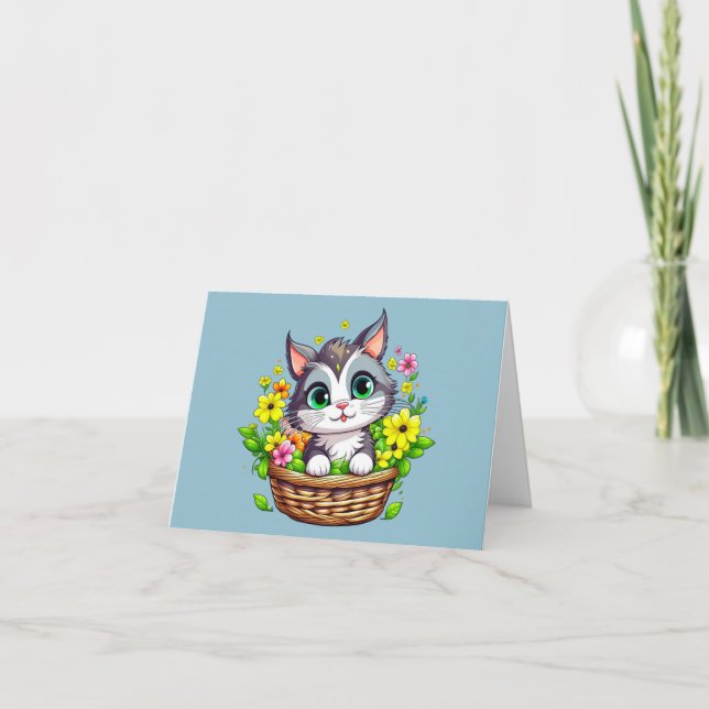 Spring Easter Cute Cat in Flowers Card (Front)