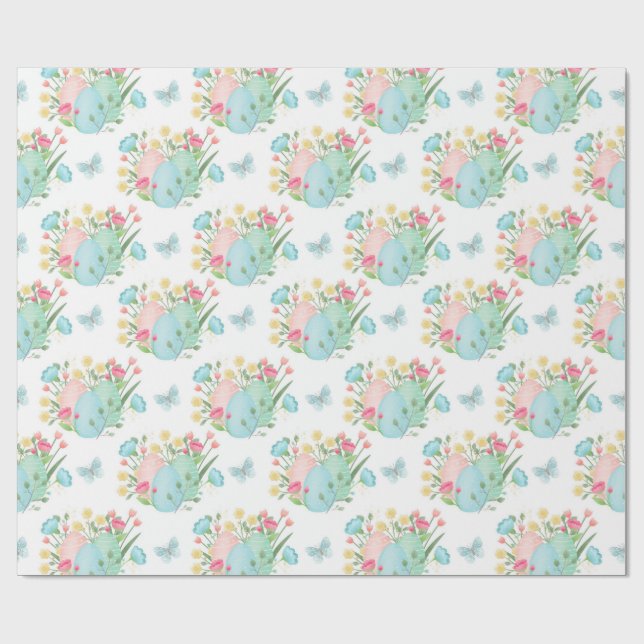 Spring Easter Eggs, Flowers, Butterflies Wrapping Paper (Flat)