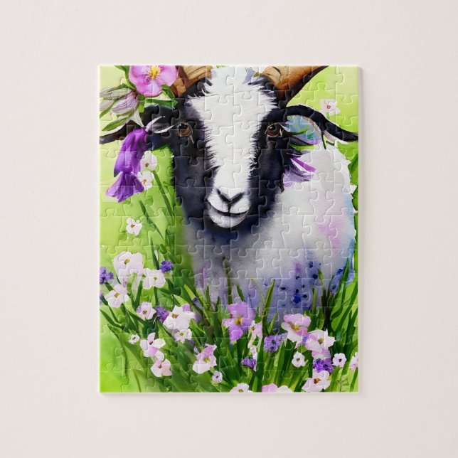 Spring Easter Goat Kid Floral Watercolor Jigsaw Puzzle (Vertical)