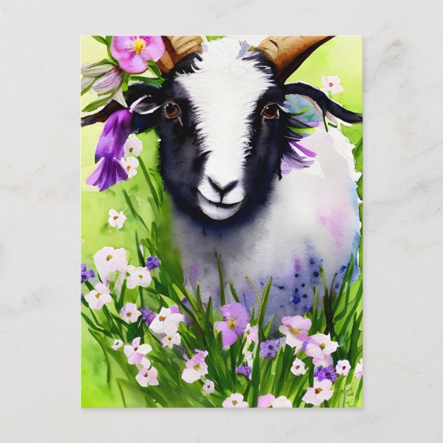 Spring Easter Goat Kid Floral Watercolor Postcard (Front)