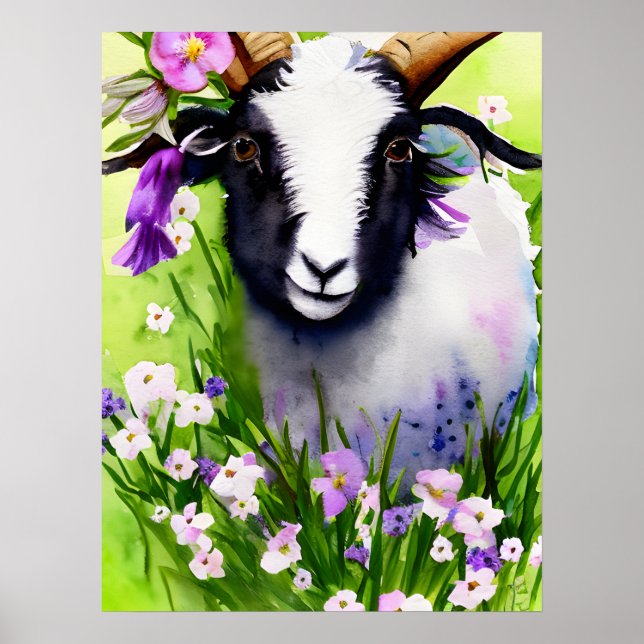 Spring Easter Goat Kid Floral Watercolor Poster (Front)