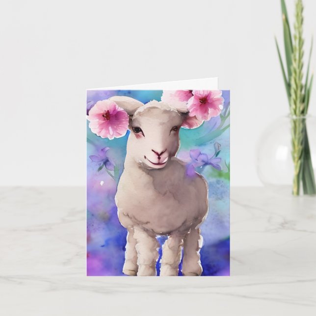 Spring Easter Lamb Floral Watercolor Card (Front)