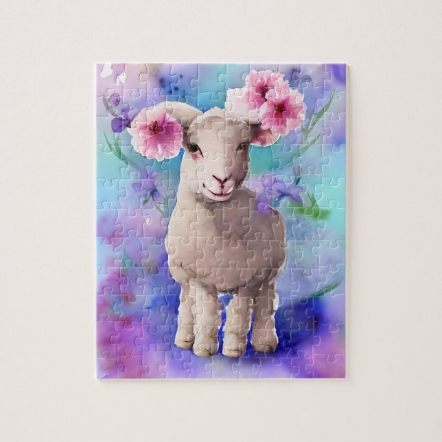 Spring Easter Lamb Floral Watercolor Jigsaw Puzzle (Vertical)