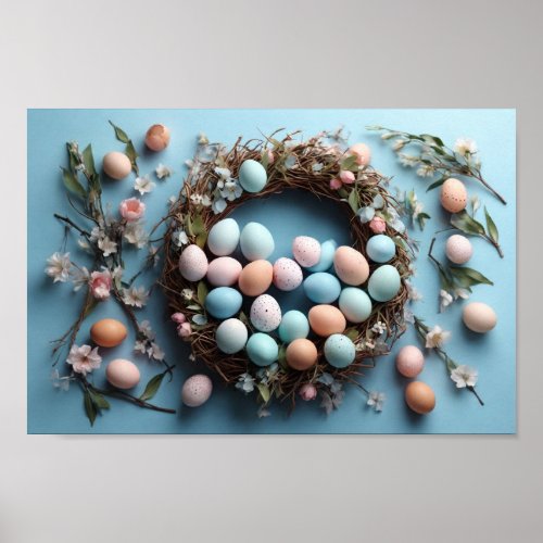 Spring Eggs On Blue Wreath Poster