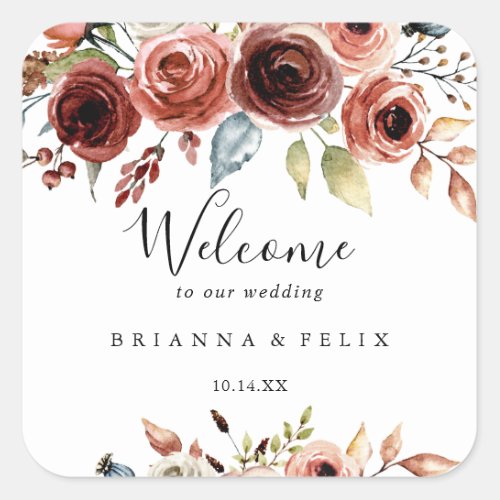 Spring Elegant Floral Wedding Welcome Square Sticker