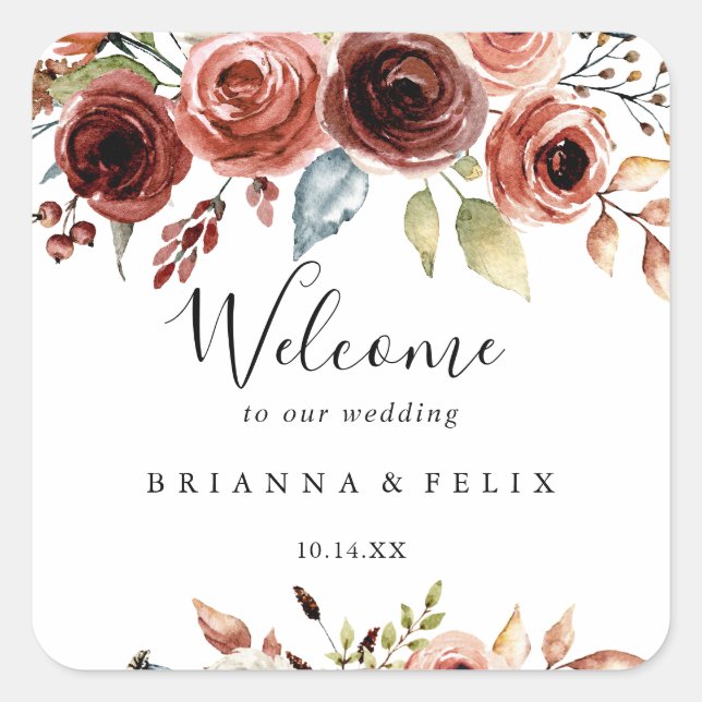 Spring Elegant Floral Wedding Welcome Square Sticker (Front)