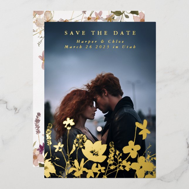 Spring Elegant Wildflower Boho Photo Save The Date Foil Invitation (Front/Back)