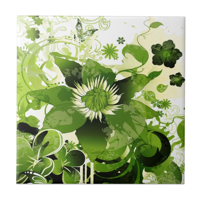 Spring Emerald Green Floral Ceramic Tile (Front)