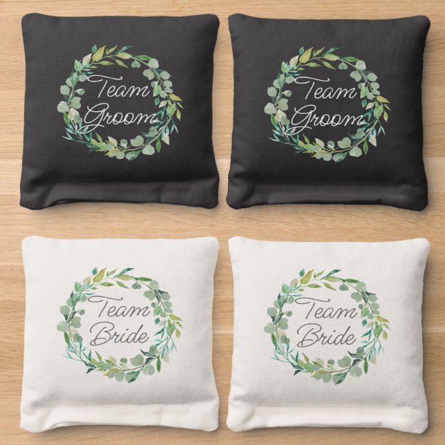 Spring Eucalyptus Wreath Custom Wedding Cornhole Bags (Wood)