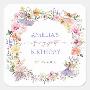 Spring Fairy Colorful Flowers 1st Birthday Party Square Sticker
