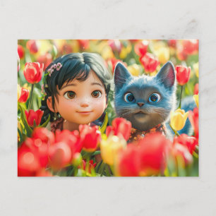 Spring Fantasy Girl and Cat in Tulips Holiday Postcard