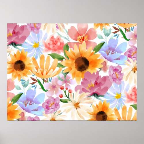 spring feeling with several flowers in watercolor poster