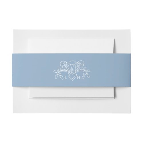 Spring fleur de lis dusty blue white wedding invitation belly band