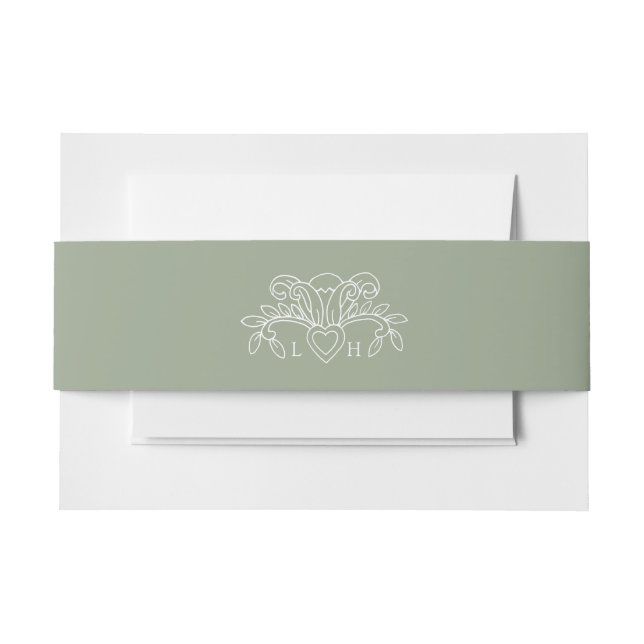 Spring fleur de lis light sage green white wedding invitation belly band (Front Example)