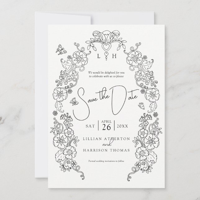 Spring Fleur de lis line art mono photo wedding  Save The Date (Front)