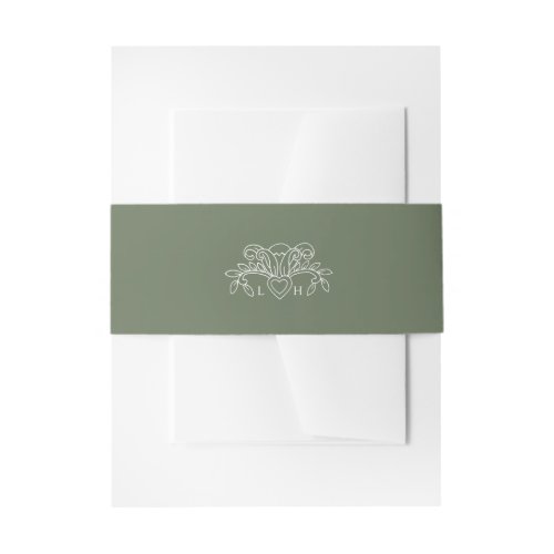 Spring fleur de lis style sage green white wedding invitation belly band