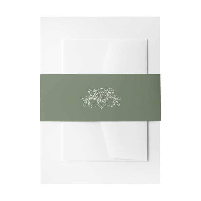 Spring fleur de lis style sage green white wedding invitation belly band (Front Example)