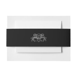 Spring fleur de lis style white on black wedding invitation belly band