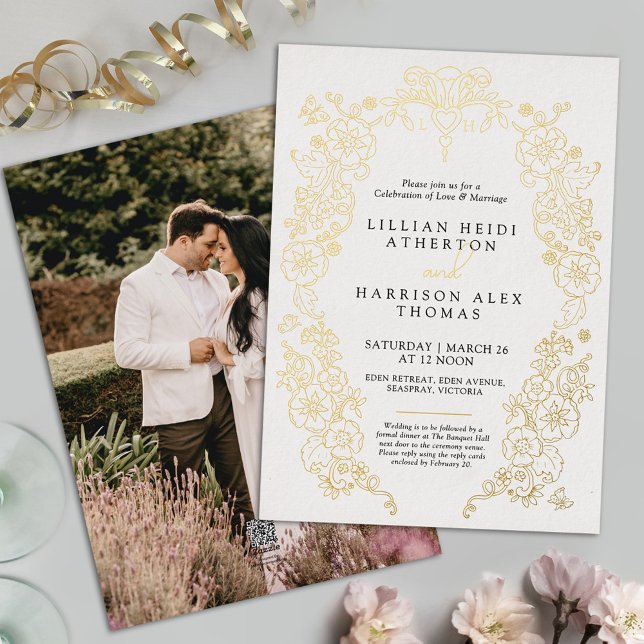 Spring Fleur de lis wedding black white art Foil Invitation (Creator Uploaded)