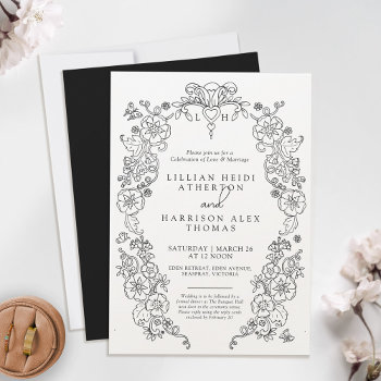 Spring Fleur De Lis Wedding Black White Art Invitation by mylittleedenweddings at Zazzle