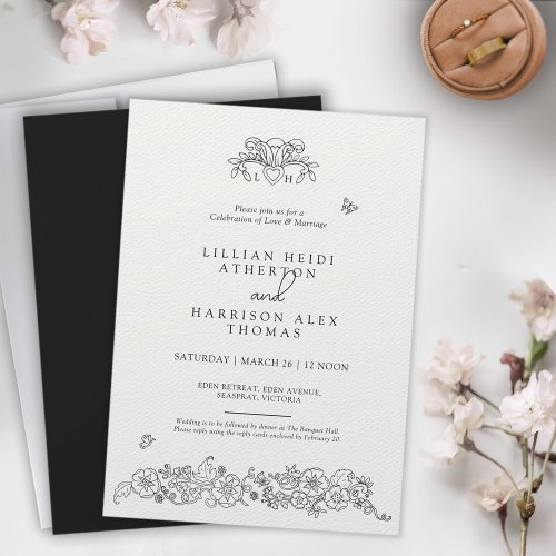 Spring Fleur de lis wedding black white art Invitation