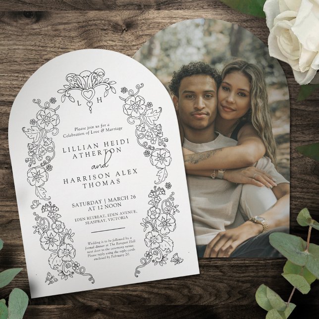 Spring Fleur de lis wedding black white art photo Invitation (Creator Uploaded)