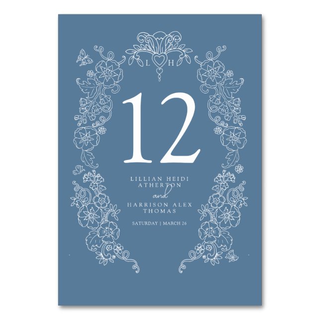 Spring Fleur de lis wedding blue gray white  Table Number (Front)