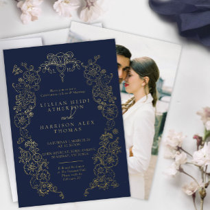 Spring Fleur de lis wedding dark blue gold Foil Invitation