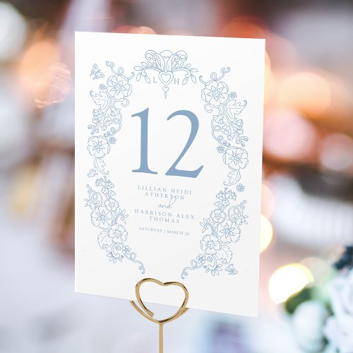 Spring Fleur de lis wedding dusty blue white art  Table Number