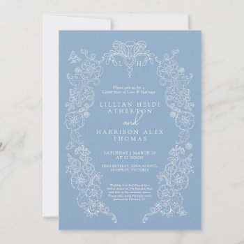 Spring Fleur De Lis Wedding Dusty Blue White Invitation by mylittleedenweddings at Zazzle
