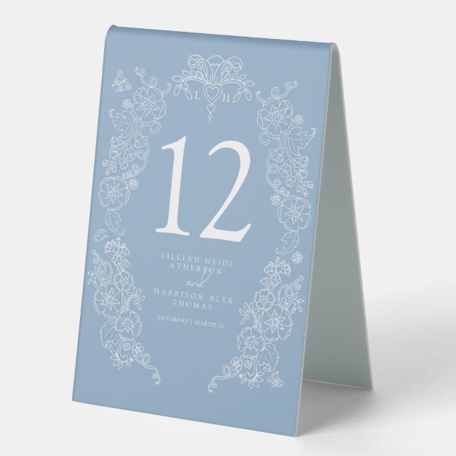 Spring Fleur de lis wedding dusty blue white  Table Tent (Front)