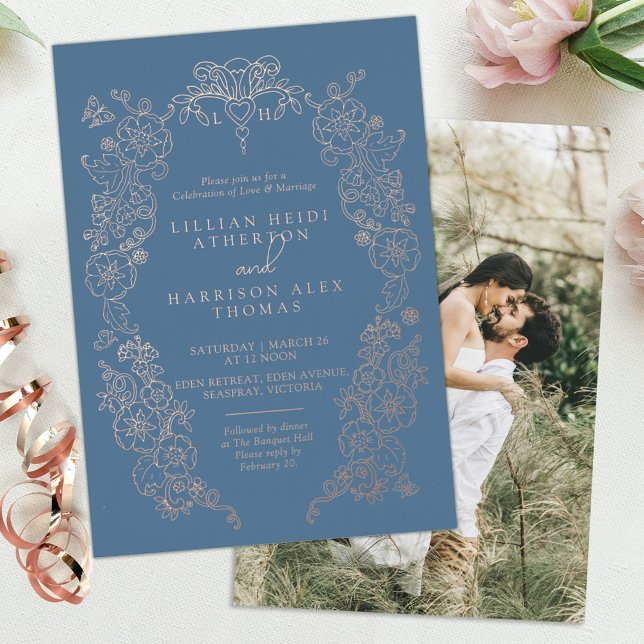 Spring Fleur de lis wedding gray blue  Foil Invitation (Creator Uploaded)
