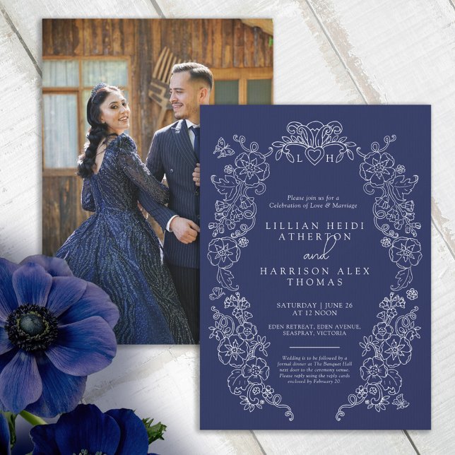 Spring Fleur de lis wedding navy blue white Invitation (Creator Uploaded)