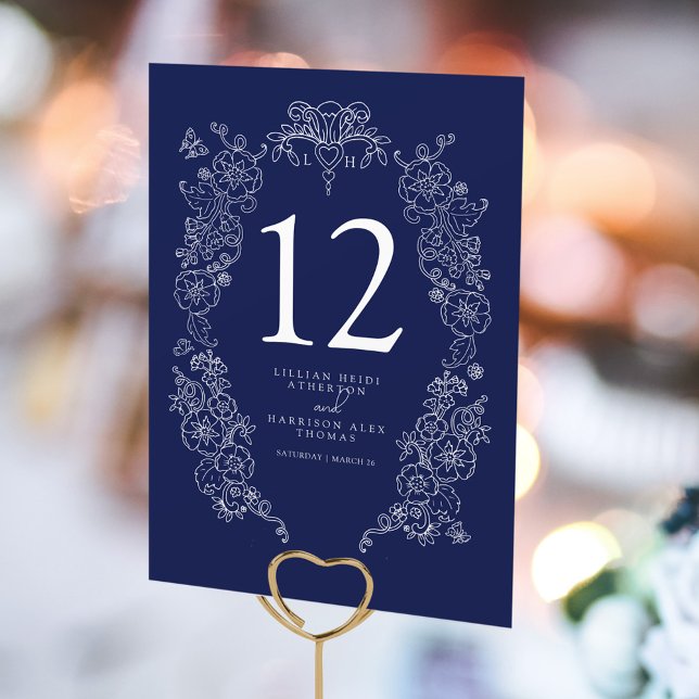 Spring Fleur de lis wedding navy blue white  Table Number (Creator Uploaded)
