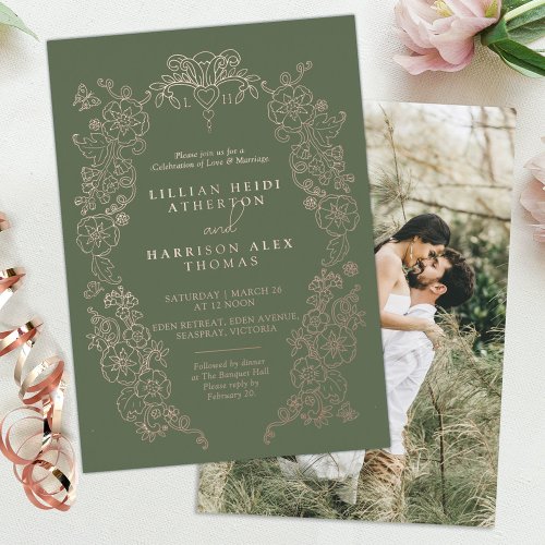 Spring Fleur de lis wedding sage green  Foil Invitation