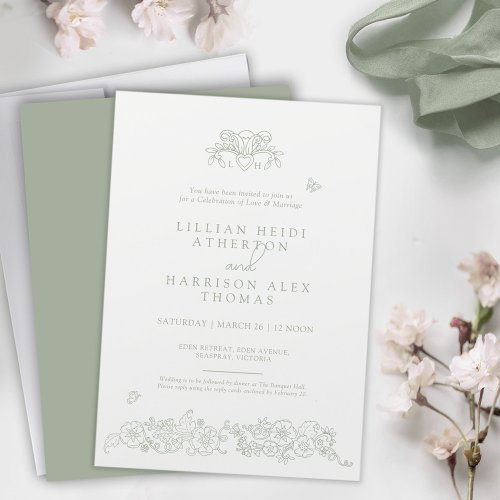 Spring Fleur de lis wedding sage green white art Invitation