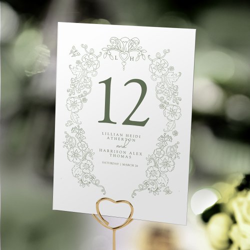 Spring Fleur de lis wedding sage green white art  Table Number