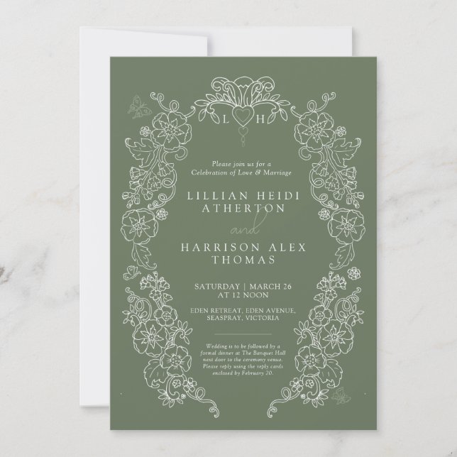 Spring Fleur de lis wedding sage green white Invitation (Front)