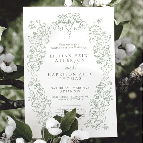 Spring Fleur de lis wedding sage green white Invitation