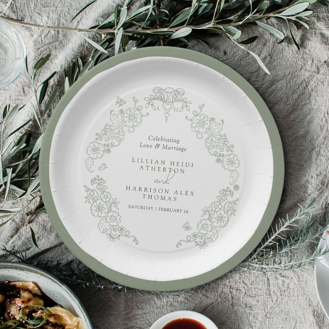 Spring Fleur de lis wedding sage green white Paper Plates (Creator Uploaded)