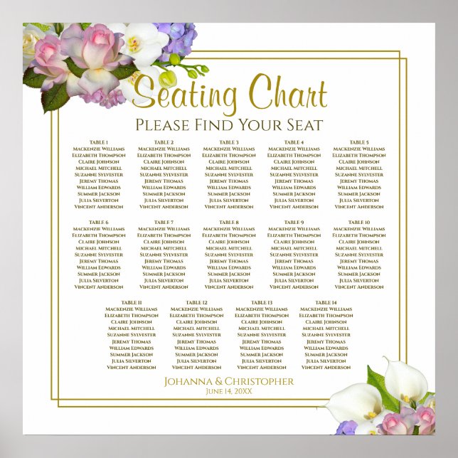 Spring Floral 14 Table Gold Wedding Seating Chart (Front)
