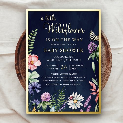 Spring Floral A Little Wildflower Baby Shower Gold Foil Invitation
