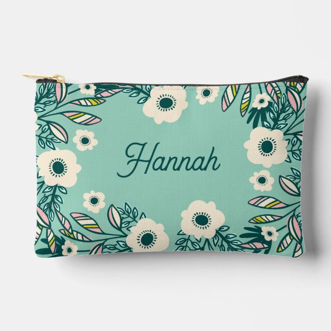 Spring Floral Accessory Pouch – White & Teal (Front)