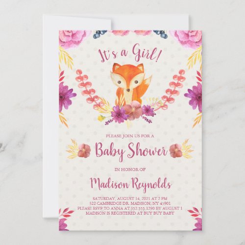 Spring Floral and Fox Baby Shower Invitation