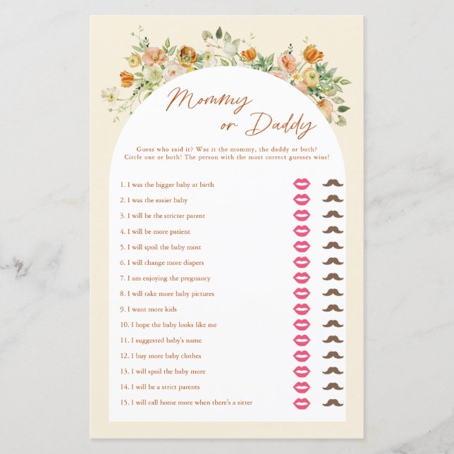 Spring Floral Baby Shower Mommy Or Daddy Game (Front)