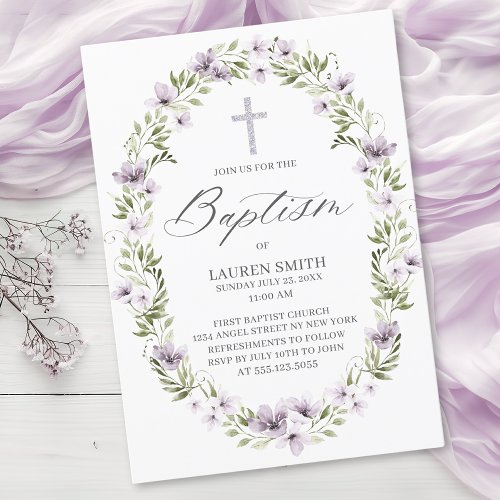 Spring Floral Baptism Cross Christening  Invitation