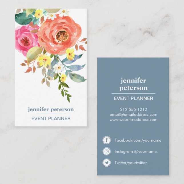Spring Floral Bloom Vertical Social Media Icons Business Card (Front/Back)