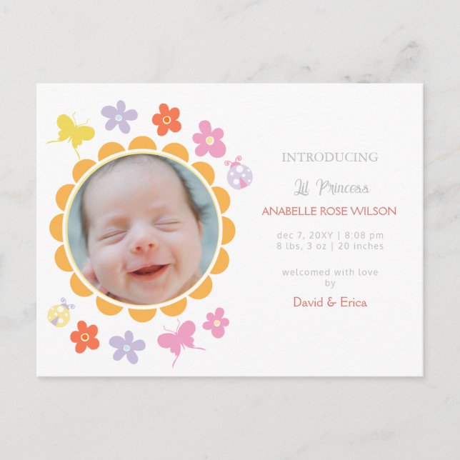 Spring Floral Blooms Girl Photo Birth Announcement Postcard (Front)