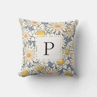  Spring Floral Blue Yellow Monogram  Throw Pillow