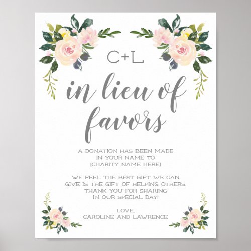 Spring Floral Blush In Lieu of Wedding Favors Sign